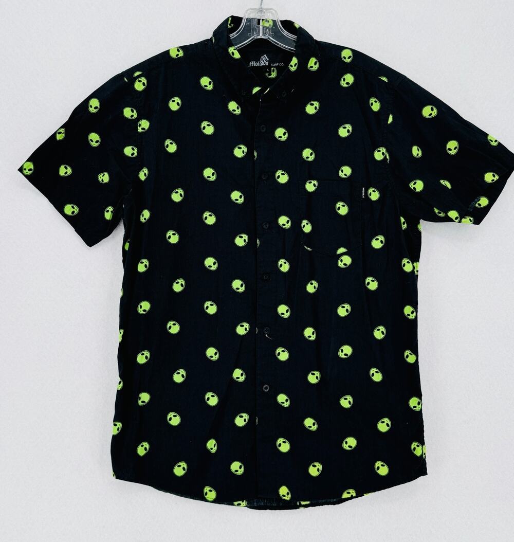 Molokai Surf Co. Black Neon Green Alien AOP Cotton Button Down Shirt Sz L